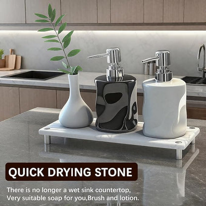 Quick Dry Sink Caddy Kitchen Sink Organizer, Water Absorbing Stone Tray for Sink, Stone Drying Tray, Diatomite Faucet Mat & Protector, Dispenser Sponge Holder, Stone Soap Tray for Bathroom Counter
