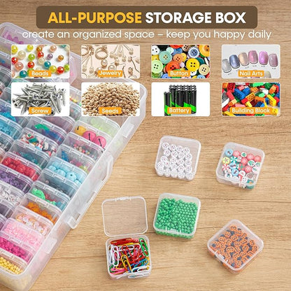 Portable Bead Organizer, 60Pcs Small Clear Storage Boxes with Hinged Lid and Large Craft Case with Handle, Mini Plastic Containers for Jewelry Making Diamonds Arts Screws Seeds Small Parts