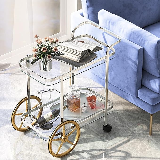 Tangkula Bar Cart for The Home, 2-Tier Rolling Tempered Glass Serving Cart, 2 Large Gold Aluminum Wheels & 2 Casters, Handle, Stainless Steel Frame, Modern Wine Cart for Kitchen Dining Room
