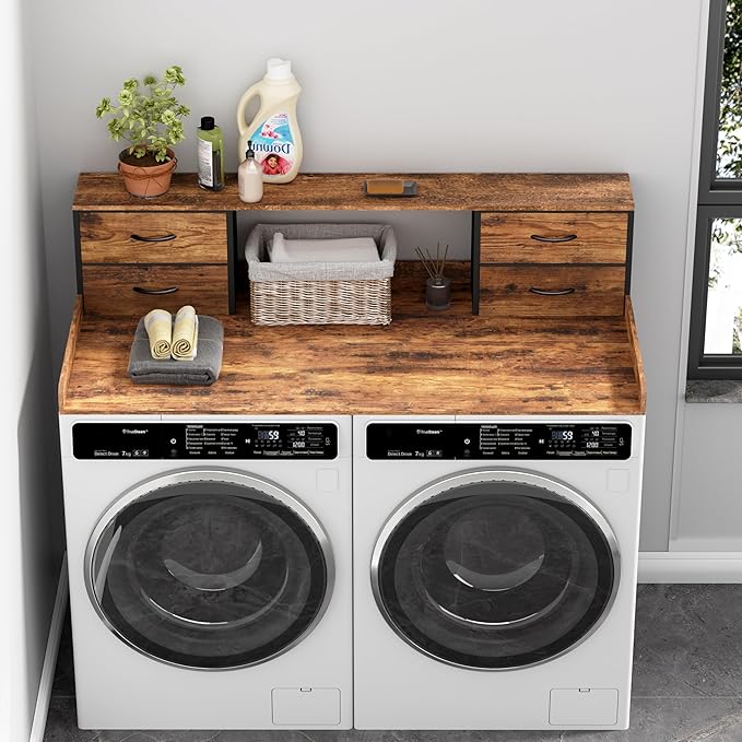 Washer and Dryer Countertop, 27.5" D x 53.9" W x 12.9" H Solid Wood Washer Dryer Countertop with Organizer Shelves with Four Drawers for Laundry Room Organization (Rustic Brown)