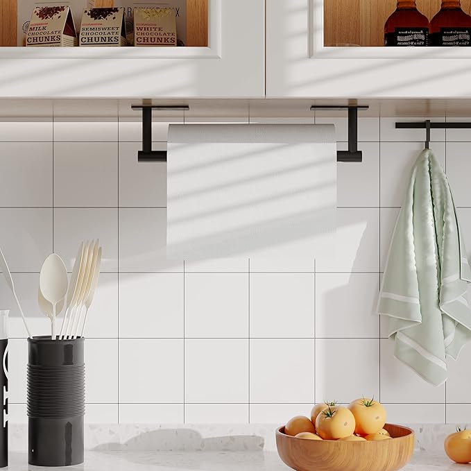 RUACQ Paper Towel Holder Under Cabinet, Wall Mounted or Adhesive Stainless Steel Paper Towel Holder,Square Base Paper Towel Rack for Kitchen, RV, Bathroom (Matte Black)