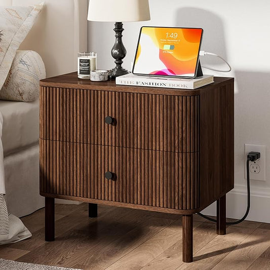 FavourLife Night Stand with Charging Station, 24" Large Fluted Nightstand with Rounded Corners & Solid Wood Legs, 2 Drawers End Table with Storage, Mid Century Modern Bedside Table for Bedroom, Walnut