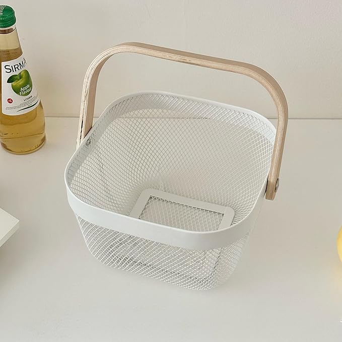 Metal Mesh Wire Basket, Mini Steel Basket with Wooden Handle Storage Organizer Basket Multi-functional Hanging Kitchen Baskets Fruit Baskets for Kitchen Bathroom Cabinet Pantry Snacks, White
