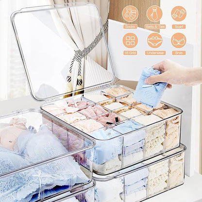 Sock Underwear Organizer, 16 Compartment Adjustable Dividers Bras Socks Underwear Drawer Organizers for Closet, Clear Plastic Storage Containers Box with Lids for Ties Bra Scarf Socks