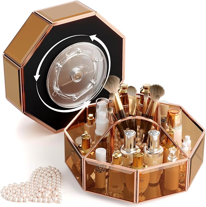 CoralHouse 360° Rotating Makeup Organizer Spinning Vanity Organizer with Makeup Brush Holder for Countertop, Bathroom Storage, Skincare, Perfume & Cosmetic Organizer for Vanity Amber