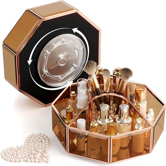 CoralHouse 360° Rotating Makeup Organizer Spinning Vanity Organizer with Makeup Brush Holder for Countertop, Bathroom Storage, Skincare, Perfume & Cosmetic Organizer for Vanity Amber
