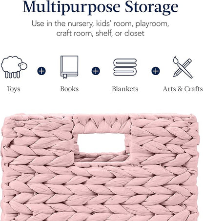 Best Choice Products 10.5x10.5in Pack of 5 Cube Storage Baskets, Water Hyacinth Multipurpose Collapsible Organizers, Handwoven Toy Storage Totes for Kids Room, Nursery & Living Room - Pink