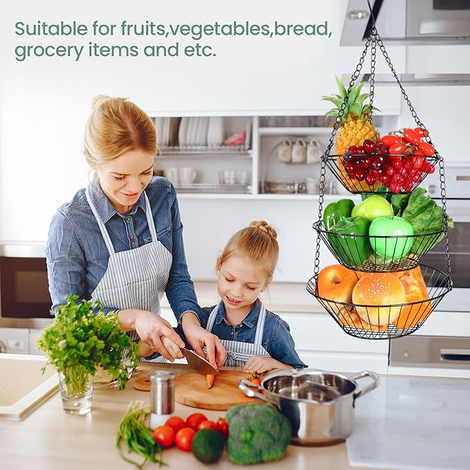 Maxdot 4 Pack 3-tier Hanging Fruit Basket Kitchen Hanging Wall Fruit Storage Organization Basket with Sturdy Metal Chain for Kitchen Bathroom Wardrobe Garden