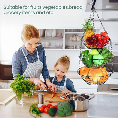 Maxdot 4 Pack 3-tier Hanging Fruit Basket Kitchen Hanging Wall Fruit Storage Organization Basket with Sturdy Metal Chain for Kitchen Bathroom Wardrobe Garden