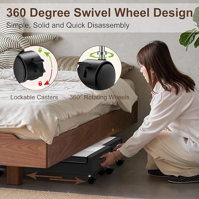 VXEAPADE Under Bed Storage with Wheels - 2Pack Underbed Storage Containers with Clear Lid & Label, Under The Bed Rolling Storage Bins for Shoes, Clothes, Blankets, Books (Black, Large)