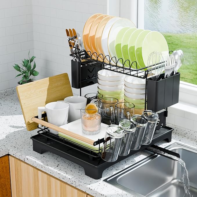 Vathingood 2 Tier Dish Drying Rack, Drying Rack with Automatic Drainboard, Dish Racks for Kitchen Counter, Rustproof Dish Drainer with Removable Utensil Holder, Cups Holder, Black