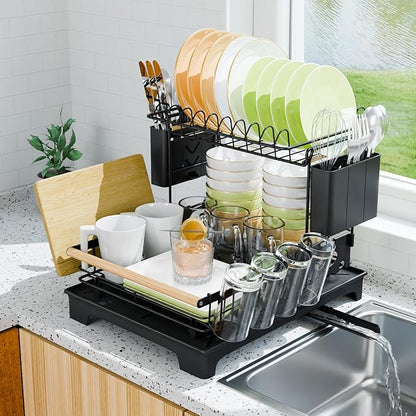 Vathingood 2 Tier Dish Drying Rack, Drying Rack with Automatic Drainboard, Dish Racks for Kitchen Counter, Rustproof Dish Drainer with Removable Utensil Holder, Cups Holder, Black
