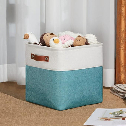 DULLEMELO Foldable Storage Cubes 11 x 11 Organizer Bins,Canvas Storage Bins Empty Gift Baskets for Organizing with SturdyLeather Handles, Closet Baskets for Nursery Storage(4 Pack - 11" White&Teal)