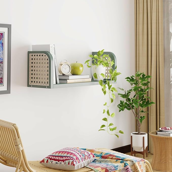 Green Rattan Wall Shelf, Wooden Hanging Bookshelf Storage, Cute Nursery Shelves Wall Mounted, Boho Decorative Floating Shelves for Kids Room, Living Room, Play Room, Bedroom