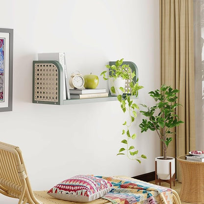 Green Rattan Wall Shelf, Wooden Hanging Bookshelf Storage, Cute Nursery Shelves Wall Mounted, Boho Decorative Floating Shelves for Kids Room, Living Room, Play Room, Bedroom