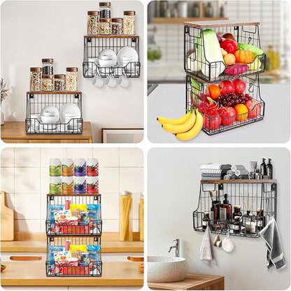 Livabber Fruit Basket for Kitchen, Metal Fruit Vegetable Storage Bin with 2 Banana Hangers, Countertop Wire Basket Organizer for Snack Potato Onion, Screw Mounted or Stand (Black, 2 Pack)