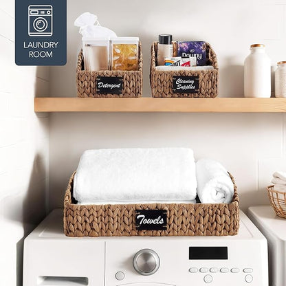 Best Choice Products Natural Hyacinth Angled Pantry Storage Baskets, Large Woven Wicker Storage Bins w/Handles, Storage Container Baskets for Shelves, Chalkboard Label & Marker (Set of 3) – Chestnut