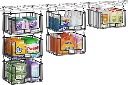 3-Pack Hanging Laundry Organizer, Stackable Wire Shelf Storage with Label Cards, Foldable Metal Baskets with 360°Rotating Hooks,Space-Saving for Laundry Room, Closet & Pantry, 11"×15" Large,Black