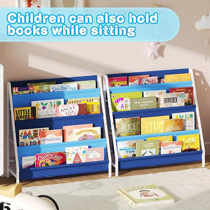 Kid Bookshelf for Kids Rooms, 4-Tier Blue Montessori Bookshelf,Toddler Children Bookshelf,Metal Kid's Book Storage Organizer for Boys Room Furniture Playroom Kindergarten