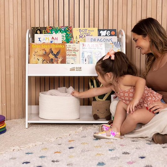 ECR4Kids 3-Shelf Floor Book Display with Handles and Storage, 30in, Kids Bookshelf, White Wash