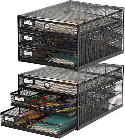 Zhanmai 1 Pack Black Desk Organizer with Drawer Total Wire Mesh Storage Tray Multifunctional Paper Sorter File Stand for Home Office Supplies Letter A4 Paper Office Accessories Back to School (3 Tier)