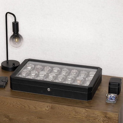 ROTHWELL 24 Slot Watch Case with Lock – Luxury Watch Box to Display and Organize Your Collection | Real Glass Top | Premium Storage for Collectors (Black/Grey)