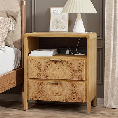 Farmhouse Nightstand with Charging Station, Side Table with Power Outlet and USB & Type C Ports, Wood Bedside Table for Bedroom, Fully Assembled, Rustic, Natural, Burl