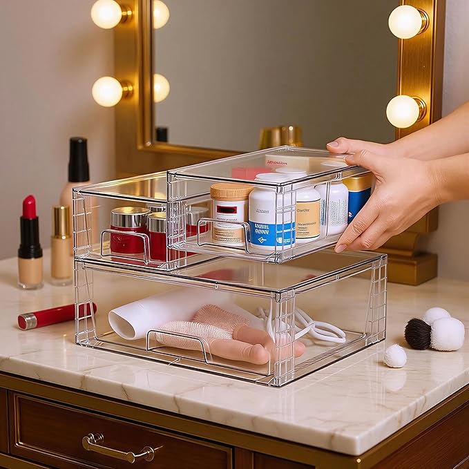 Stackable Storage Drawers(3 Pack),High-strength Clear Plastic Multi-purpose Organizer Bins with Handles, Easily Assemble Acrylic Drawers for Bathroom Closet Cabinet Pantry Under Sink