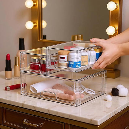 Stackable Storage Drawers(3 Pack),High-strength Clear Plastic Multi-purpose Organizer Bins with Handles, Easily Assemble Acrylic Drawers for Bathroom Closet Cabinet Pantry Under Sink