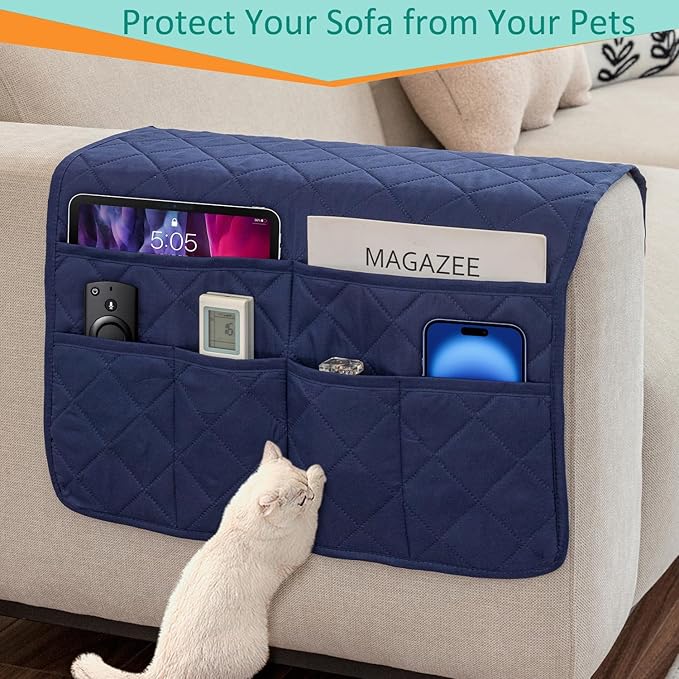 DECKALY Sofa Armrest Organizer with 6 Pockets, Non-Slip Couch Recliner Armchair Caddy, Washable Remote Controls Holder, Storage for Magazine, Tablet (Navy)