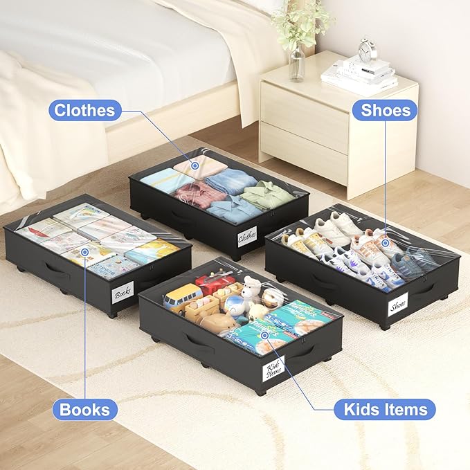 Under Bed Storage with Wheels, 2-Pack Under Bed Storage Containers with Clear Lids, Under the Beds Storage Organizer Bins With Handles, Under Bed Drawer for Clothes, Shoes, Books, Toys