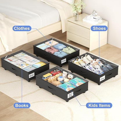 Under Bed Storage with Wheels, 2-Pack Under Bed Storage Containers with Clear Lids, Under the Beds Storage Organizer Bins With Handles, Under Bed Drawer for Clothes, Shoes, Books, Toys