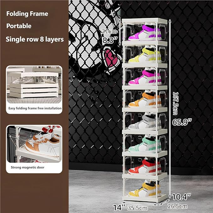 RILBOX X-Large Sturdy Foldable Shoe Rack Sneaker Container Clear Plastic Stackable Space Saving Shoe Storage Boxes Organizers Bin Holder with Lids for Entryway, Closet 8 Tier - 14.0" W Hold 8 Pairs