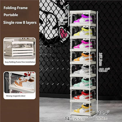 RILBOX X-Large Sturdy Foldable Shoe Rack Sneaker Container Clear Plastic Stackable Space Saving Shoe Storage Boxes Organizers Bin Holder with Lids for Entryway, Closet 8 Tier - 14.0" W Hold 8 Pairs