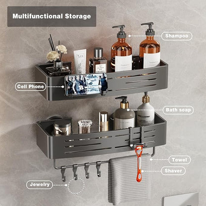 Voldra Shower Caddy Suction Cup, 3 Pack Shower Shelves for Inside Shower No Drilling, Aluminum Suction Showers Organizer with Towel Bar & Hooks Removable Bathroom Shelf Storage Rack(Gray)