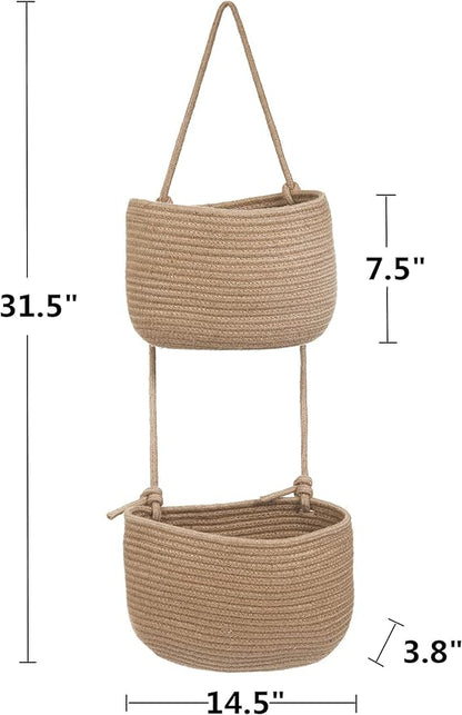 Over The Door Hanging Basket, 2 Tier Cotton Rope Woven Wall Basket, Magazine Racks Hanging Organizer, Decorative Hanging Storage Baskets for Organizing Living Room, Bathroom and Bedroom (Jute)