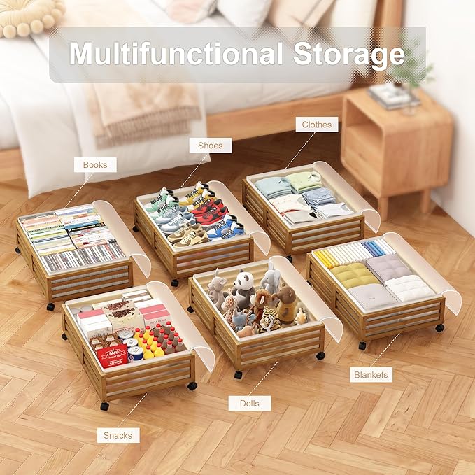 Wisuce Home Under Bed Storage Containers With Wheels - 2 Pcs Bamboo Wood Rolling Underbed Shoe Storage Bins With Dust Bags for Clothes Blankets, Duvet Covers Snacks Toys (Walnut)