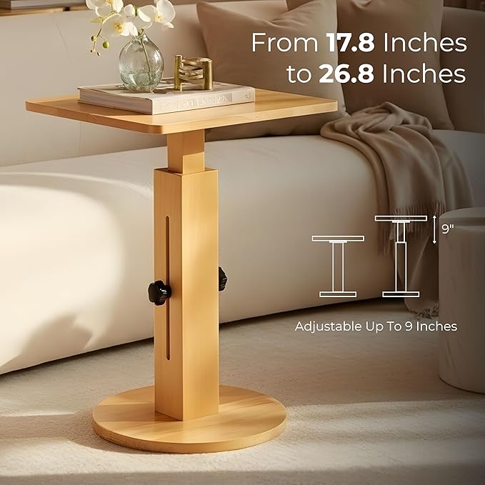 Behomes Aurin Solid Wood Nightstand, Modern Side Table with Adjustable Height, Couch End Table, Accent Bedside Table for Bedroom, Living Room, Square Top, Natural