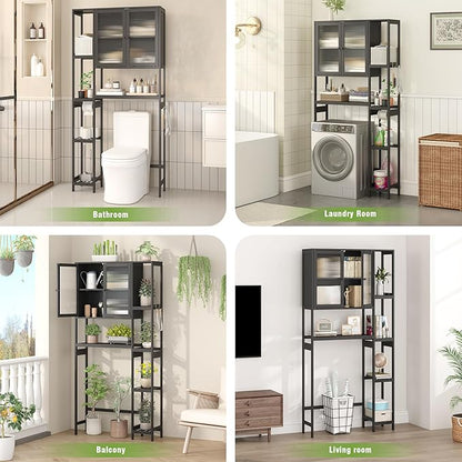 Wisuce Essentials Over The Toilet Storage Cabinet Above Toilet Bathroom Organizer with Toilet Paper Holder Stand Bath Organizer with Adjustable Shelves & Acrylic Doors,Anti-Tip Device (Black)