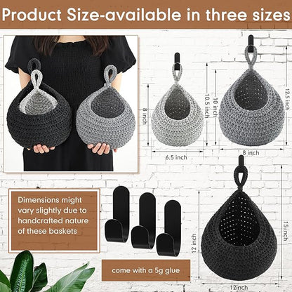 Honeydak Boho Decor Hanging Wall Baskets for Kitchen 3 Pack Teardrop Baskets with Hooks Storage Fruit Onion Vegetable Potato for Home 3 Sizes(Light Grey, White, Dark Grey,Cotton Rope)