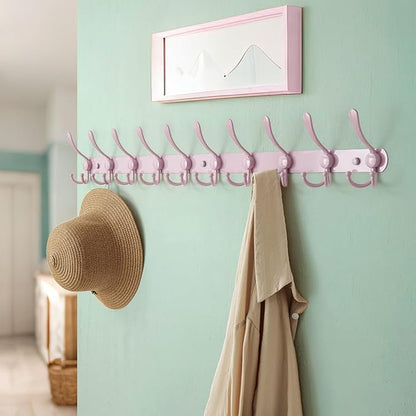 Dseap Coat Rack Wall Mount - 38” Long 10-Tri-Hooks Heavy Duty Coat Hanger Rail Wall Hooks for Hanging Coats Hats Clothing Clothes Purse Mudroom Entryway, Pink