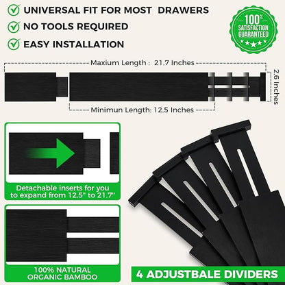 4 Pack Bamboo Drawer Dividers Organizer with Inserts 2.6'' High, Expandable from 12.5-21.7", Adjustable Drawer Organizer Separators for Utensils, Clothing, Office, Dresser, Bedroom, (Black)