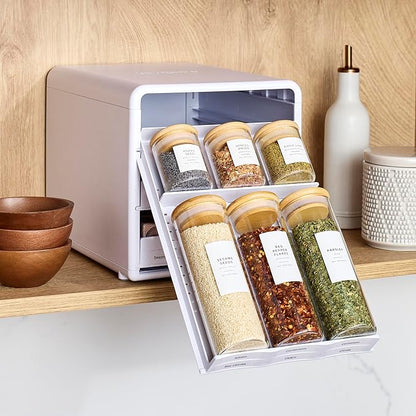YouCopia SpiceStack,18-Bottle Adjustable Spice Rack Organizer, Pull-Out Seasoning Holder for Kitchen Cabinet and Pantry Storage with 104 Labels and Adjustable Dividers, Speckled White