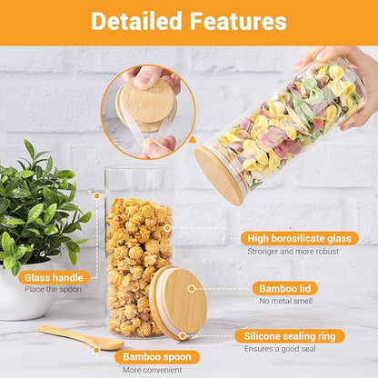 Glass Storage Jars with Airtight Lid - 4 Pack 31 Fl.oz Round Glass Jar with Bamboo Lids and Spoon, Includes Labels, Marker and Brush, Pasta Storage Containers, Cereal, Flour, Rice Canister