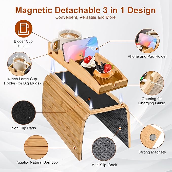 Joy&Grace Couch Cup Holder, 3-in-1 Magnetic Detachable Couch Arm Tray, Bamboo Sofa Armrest Table with Anti-Slip Pad, Sofa Armrest Tray Table (Natural)
