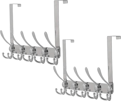 Dseap Over The Door Hook Hanger - Fits 1 3/8" to 1 3/4" Standard Doors | 5 Tri Hooks Heavy Duty Towel/Coat Rack | Door Organizer for Clothes, Jackets, Hats, Towels, Chromed, Pack of 2