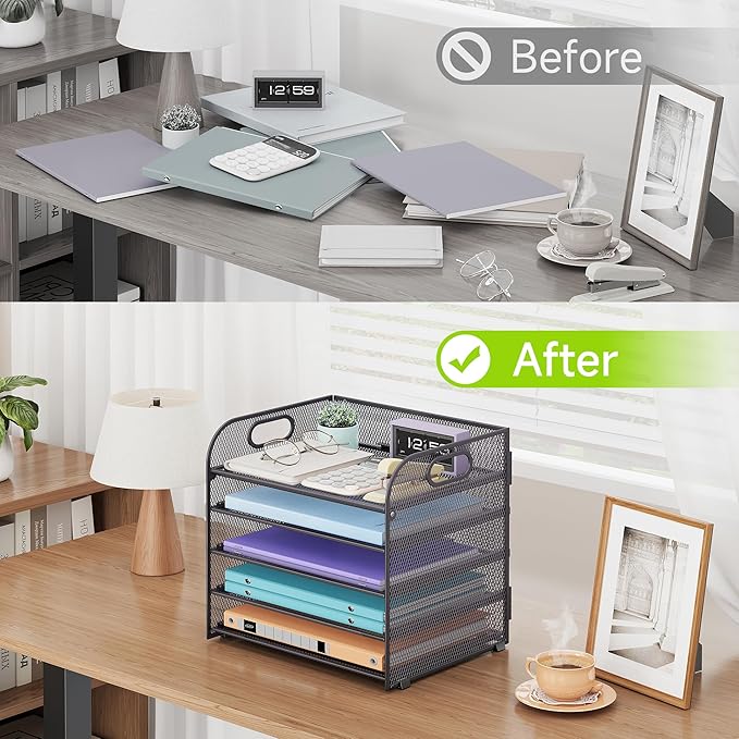 2 Pack 5 Tier Paper Organizer, Letter Tray with Handle, Mesh Desk Organizer, Metal File Organizer, Office Desk Accessories for Home, Office, Classroom, School -Grey