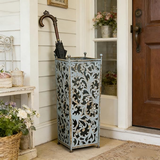 Vintage Blue Umbrella Holder for Entryway,Distressed Blue Iron Umbrella Stand with Hollow Out Vine Pattern,Removable Drip Tray,20.08"H×8.07"W×6.89"D Umbrella Organizer for Doorway Patio.