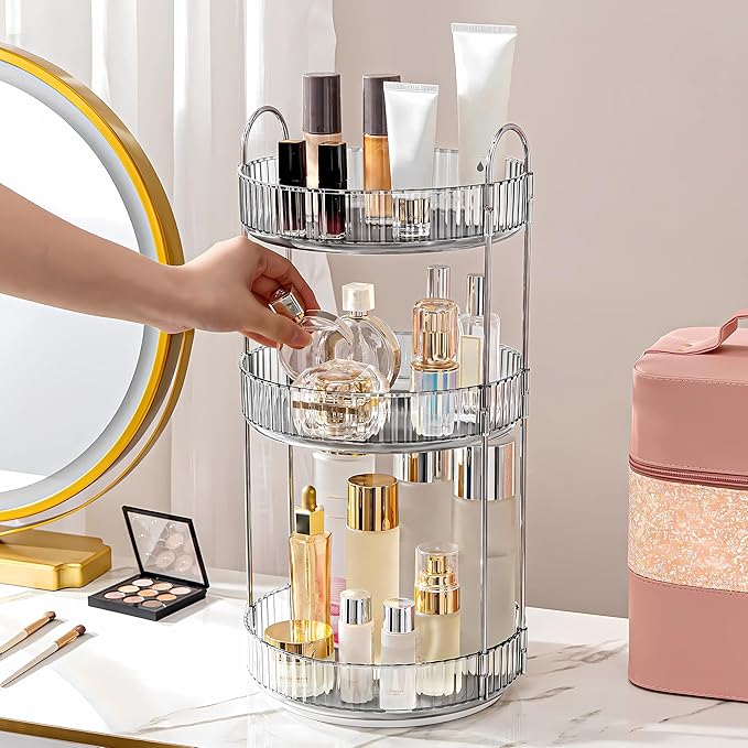 Weidace 360 Rotating Makeup Organizer for Vanity, Bathroom Countertop Spinning Perfume Organizer, High-Capacity Cosmetic and Skincare Dresser Make Up Holder Rack (3 Tiers, Grey)