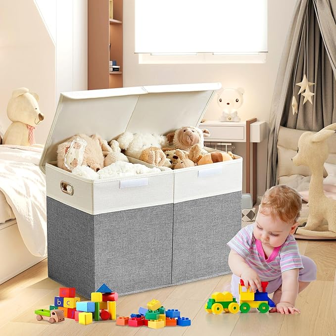 Large Toy Storage Box with Lid, Collapsible Toys Storage Organizer Bins with Dividers and Handles, Storage Chest Bin for Kids, Boys, Girls, Nursery 25"x13" x16" (Gray & White)